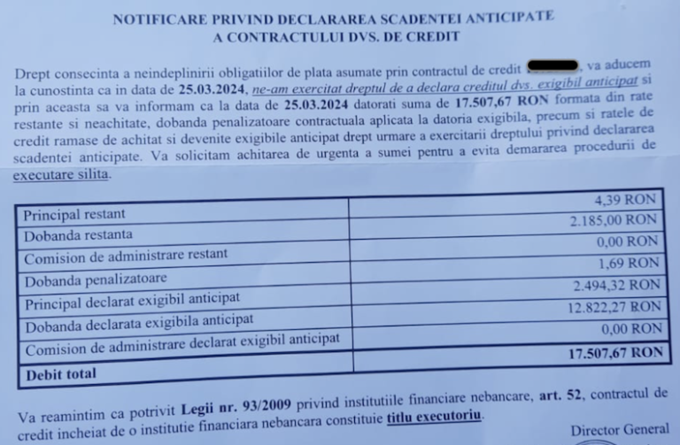 notificare finopro credit scadent anticipat credius